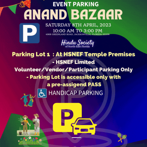 - HSNEF Limited Volunteer/Vendor/Participant Parking Only - Parking Lot is accessible only with a pre-assigend PASS - Handicap Parking ♿🅿️ Parking Lot 2 : - Campus next door to HSNEF - Bahai Center at 5034 Greenland Rd Parking Lot 3 : open after Lot 2 is full 6 min Walking distance at Greenland Pines Elementry School Address: 5050 Greenland Rd Free marked Shuttle every 15 mins operated by volunteers Parking Lot 4 : open after lot 3 is full 9 min walking distance at Sai Temple Address: 5180 Greenland Rd Free marked Shuttle every 15 mins operated by volunteers Parking Lot 5 : open after Lot 4 is full 12 min walking distance at Mandarin High School Address: 4831 Greenland Rd Free marked Shuttle every 15 mins operated by volunteers
