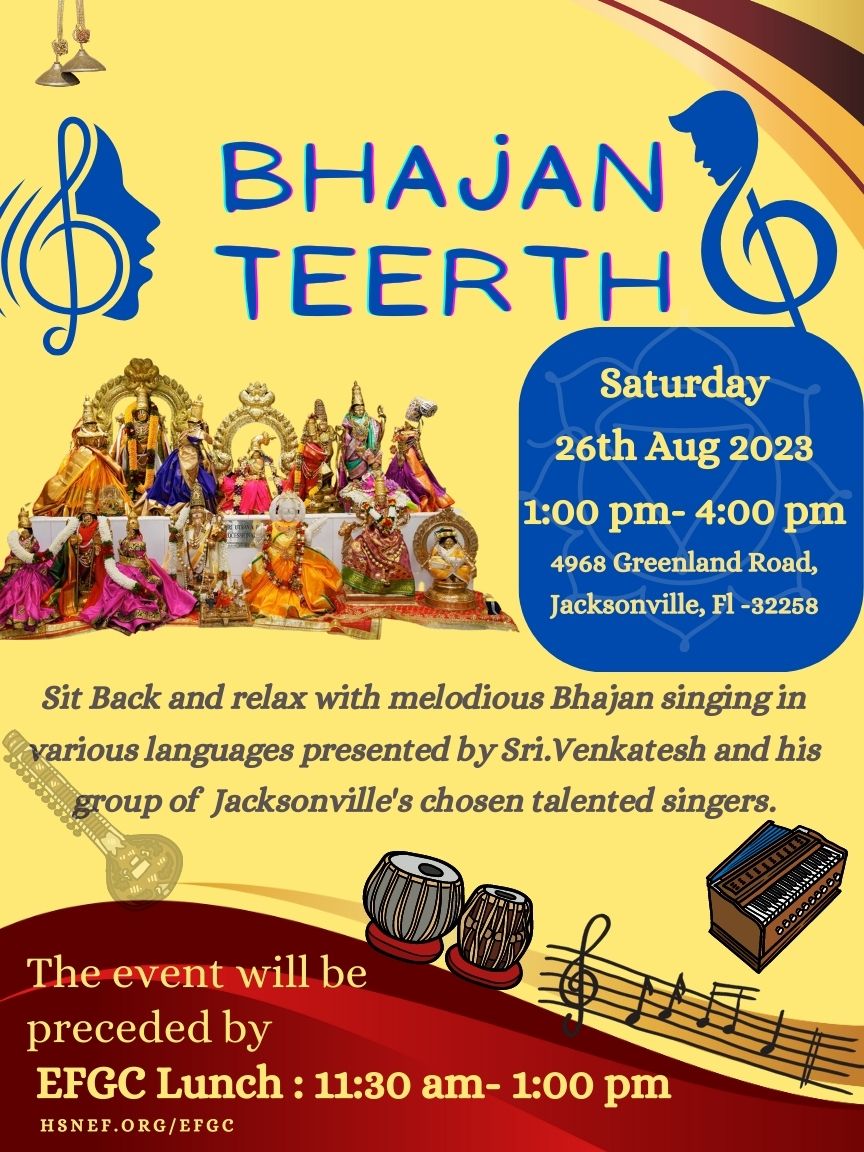 Sit Back and relax with melodious Bhajan singing in various languages presented by Sri.Venkatesh and his group of Jacksonville's chosen talented singers.