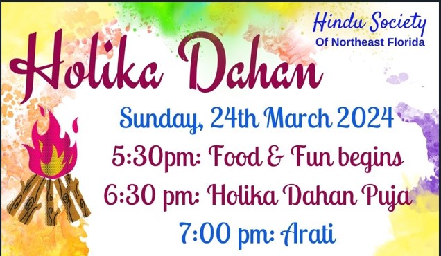 Holika Dahan to be Celebrated at HSNEF on Sunday March 24th 2024 with Food and Fun to start at 5:30 PM and Holika Dahan puja to start at 6:30 PM